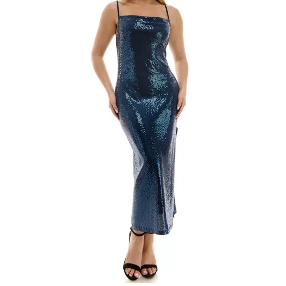 NWT Bebe Sequin Gown Maxi Dress Cowl Neck Navy Size S